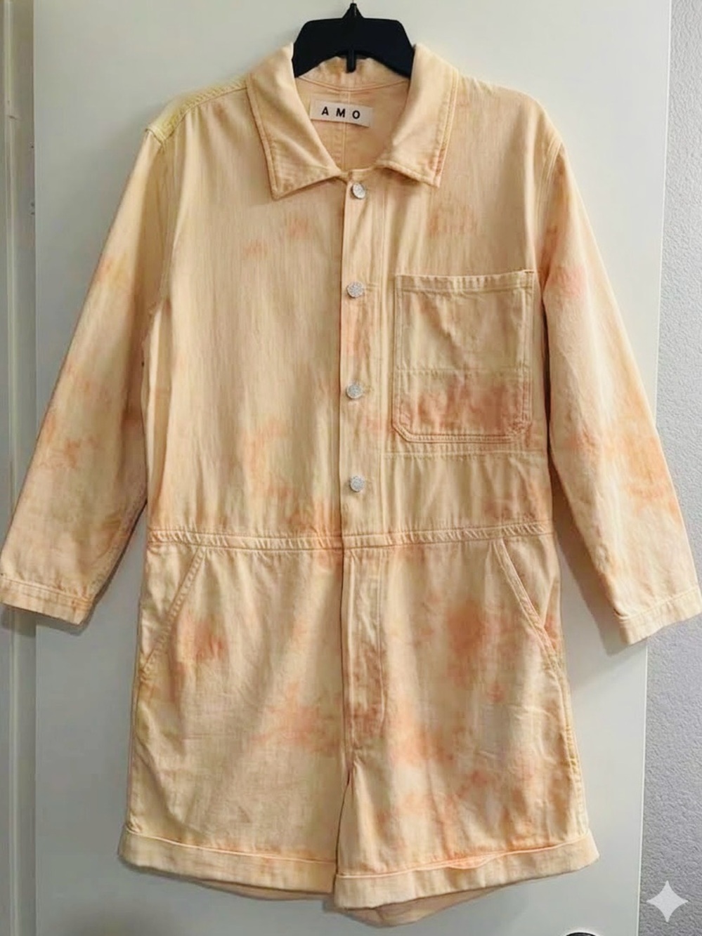 AMO Luna Denim Romper Jumpsuit in Sherbet Tie Dye (L) NWOT